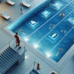 Piscina moderna vista desde arriba, dispositivos tecnológicos discretos en la superficie y socorrista atento al borde.