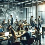 Oficina moderna con jóvenes profesionales trabajando con laptops y pizarras digitales, ambiente de startup tecnológica.