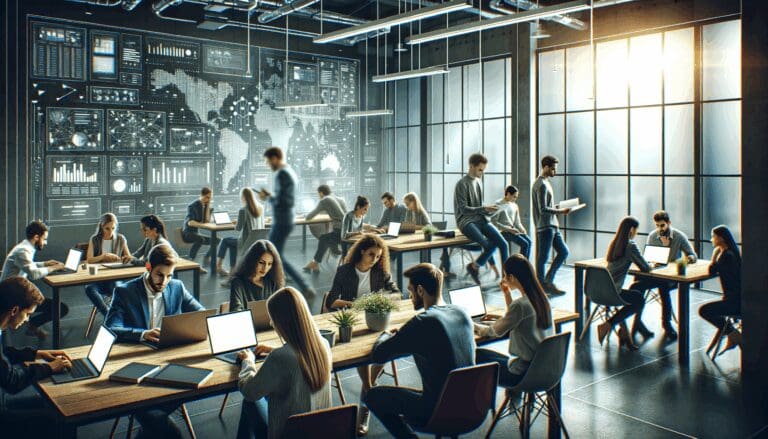 Oficina moderna con jóvenes profesionales trabajando con laptops y pizarras digitales, ambiente de startup tecnológica.