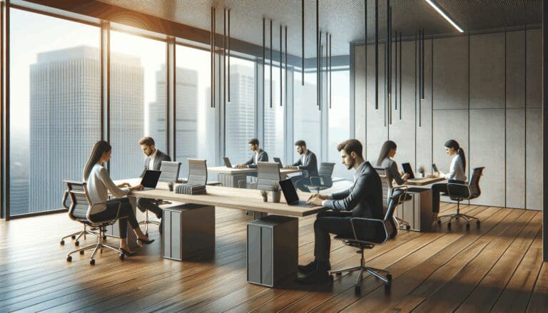 Espacio moderno de coworking en una ciudad, emprendedores trabajando en laptops, ambiente colaborativo y luz natural.