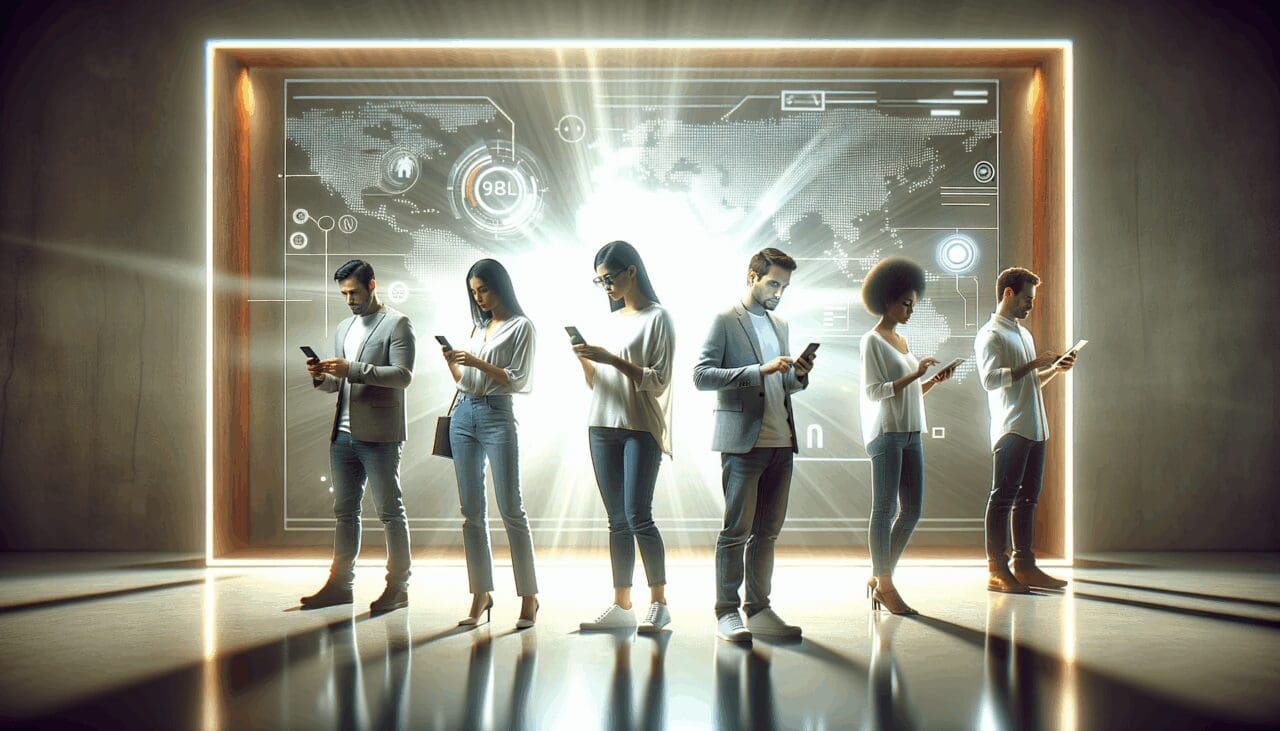 Imagen de un entorno virtual futurista con personas usando dispositivos móviles.