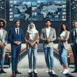 Grupo diverso de emprendedores presentando ideas en un auditorio moderno y tecnológico, con pantallas digitales de fondo.