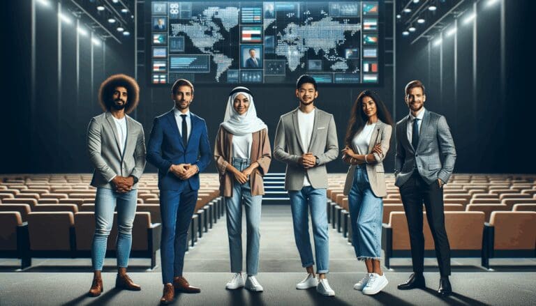Grupo diverso de emprendedores presentando ideas en un auditorio moderno y tecnológico, con pantallas digitales de fondo.