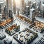 Vista aérea de un ecosistema de startups en un entorno moderno y tecnológico