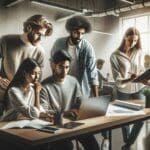 Imagen de un grupo de jóvenes emprendedores colaborando en un espacio de coworking moderno.