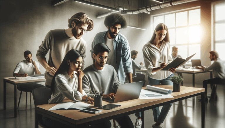 Imagen de un grupo de jóvenes emprendedores colaborando en un espacio de coworking moderno.