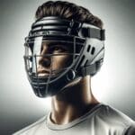 Primer plano de un futbolista usando una protección tecnológica en la cabeza, fondo neutral y luminoso.