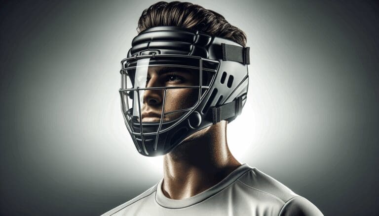 Primer plano de un futbolista usando una protección tecnológica en la cabeza, fondo neutral y luminoso.