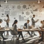 Personas trabajando colaborativamente en una sala de reuniones tecnológica, laptops y pizarras con esquemas de negocios, ambiente moderno y profesional.