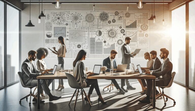 Personas trabajando colaborativamente en una sala de reuniones tecnológica, laptops y pizarras con esquemas de negocios, ambiente moderno y profesional.