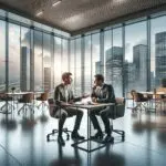 Fotografía de dos emprendedores dialogando en un moderno espacio de coworking con vista panorámica a la ciudad.