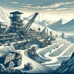 Panorámica de maquinaria industrial operando en una mina rodeada de montañas andinas bajo cielo despejado.