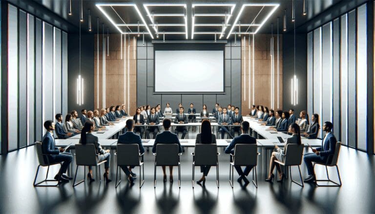 Salón de conferencias moderno repleto de jóvenes emprendedores atentos.