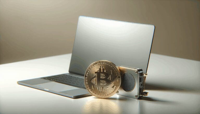 Primer plano de un hardware de criptomonedas junto a una laptop moderna en un ambiente minimalista.