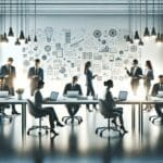 Emprendedores colaborando en una oficina moderna con pizarras y laptops, ambiente de innovación y tecnología.