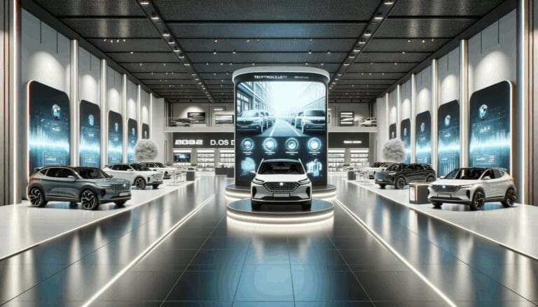 Interior de un showroom tecnológico moderno, con autos expuestos y pantallas digitales.