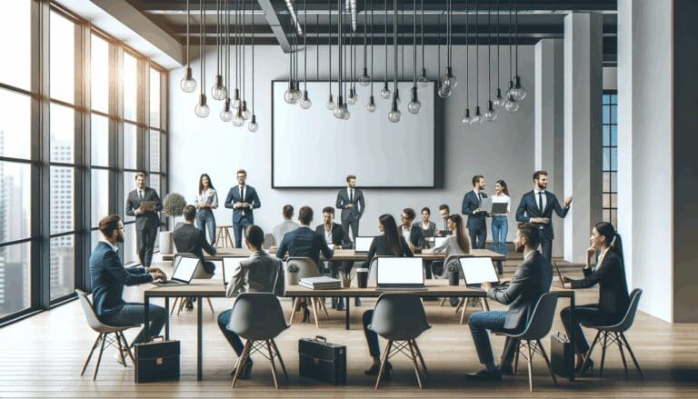 Emprendedores reunidos en un moderno coworking con laptops y pizarras digitales.