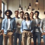 Jóvenes emprendedores de pie en un moderno espacio de coworking.