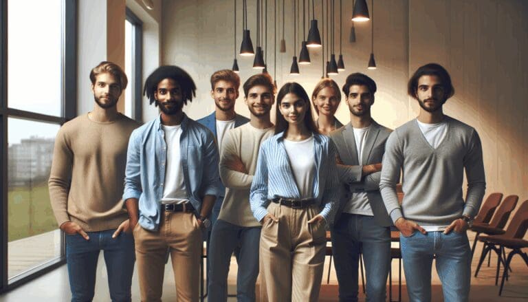 Jóvenes emprendedores de pie en un moderno espacio de coworking.