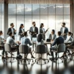 Equipo diversificado discutiendo proyectos tecnológicos en una oficina moderna con vista al mar.