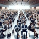 Sala de eventos moderna repleta de emprendedores y tecnología, ambiente de networking profesional.