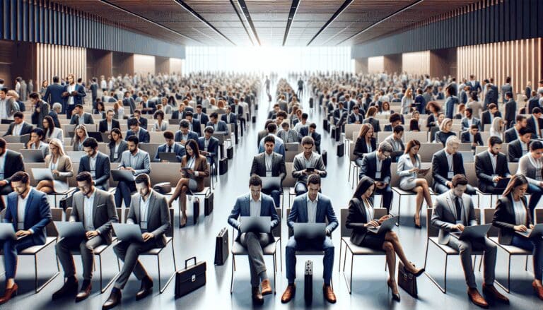 Sala de eventos moderna repleta de emprendedores y tecnología, ambiente de networking profesional.