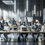 Emprendedores reunidos colaborando en un espacio de coworking moderno con pizarras y tecnología a la vista