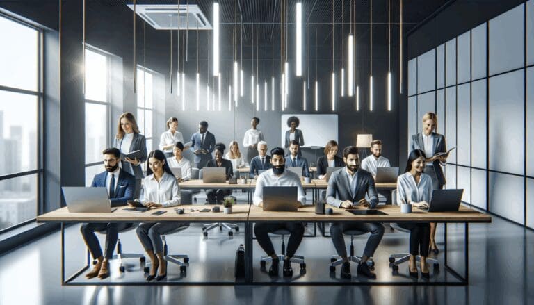 Emprendedores reunidos colaborando en un espacio de coworking moderno con pizarras y tecnología a la vista