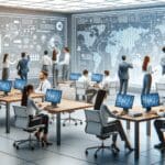 Oficina tecnológica moderna con personas trabajando colaborativamente en laptops y pizarras digitales.