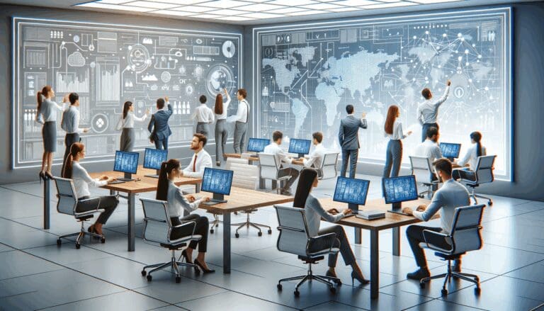 Oficina tecnológica moderna con personas trabajando colaborativamente en laptops y pizarras digitales.