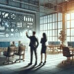 Ilustración conceptual de dos emprendedores en una oficina moderna, con pantallas y gráficos digitales al fondo.