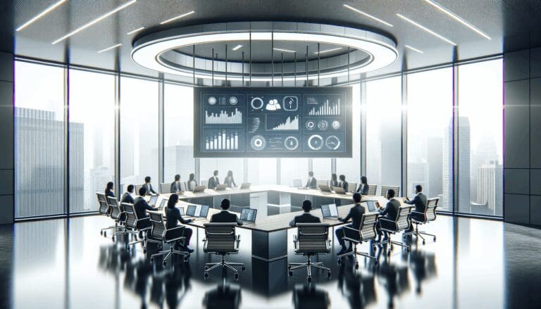 Sala de reuniones moderna con equipo tecnológico colaborando, ambiente luminoso y profesional.