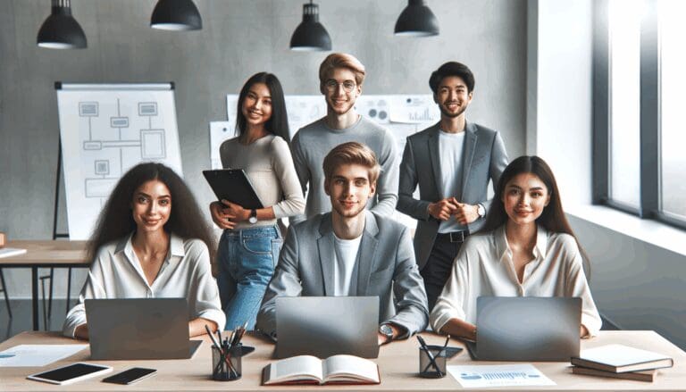 Retrato de jóvenes emprendedores trabajando en una oficina moderna y luminosa, laptops abiertas y tablero de ideas al fondo.