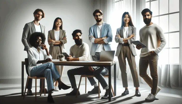 Un grupo diverso de jóvenes emprendedores en una sala de reuniones moderna, colaborando y presentando ideas innovadoras.