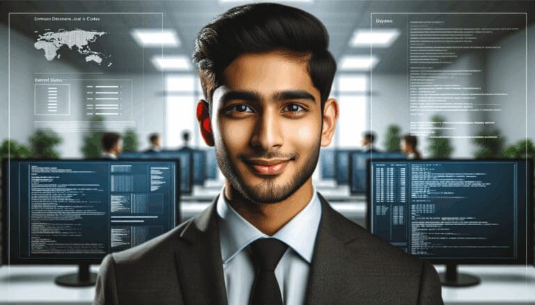 Retrato de un joven profesional frente a pantallas con códigos y gráficos, ambiente moderno y tecnológico.