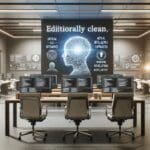 Oficina moderna con equipos de trabajo programando y pantalla de inteligencia artificial al fondo.