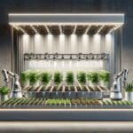 Sistema indoor de cultivo vertical con luces LED y robots automatizando la plantación de vegetales.