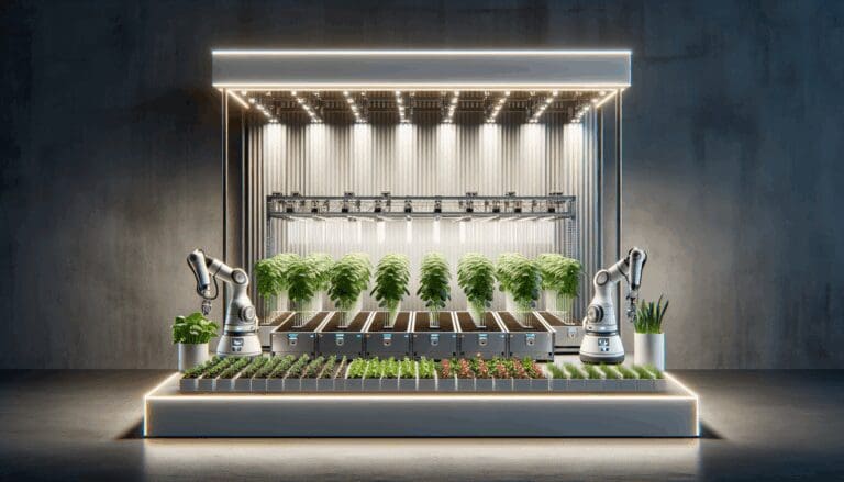 Sistema indoor de cultivo vertical con luces LED y robots automatizando la plantación de vegetales.