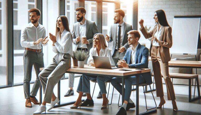 Emprendedores colaborando en un moderno espacio de coworking.