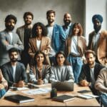 Grupo diverso de emprendedores y mentores en una reunión colaborativa en un espacio de coworking moderno.