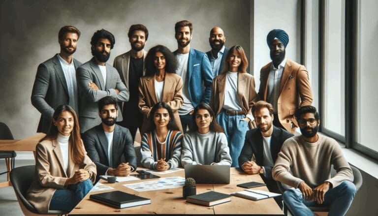 Grupo diverso de emprendedores y mentores en una reunión colaborativa en un espacio de coworking moderno.
