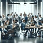 Grupo diverso de emprendedores reunidos en una oficina moderna y luminosa, colaborando con laptops y pizarras digitales.