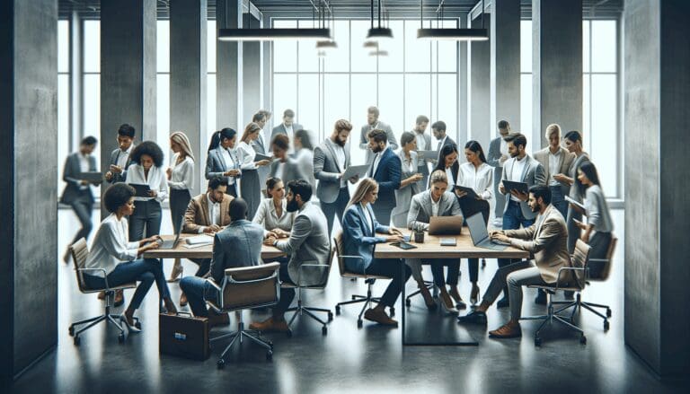 Grupo diverso de emprendedores reunidos en una oficina moderna y luminosa, colaborando con laptops y pizarras digitales.