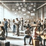 Personas colaborando en un espacio de oficina moderno con dispositivos tecnológicos.