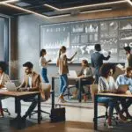 Jóvenes emprendedores colaborando en un espacio de coworking moderno, laptops y pizarras con gráficos digitales.