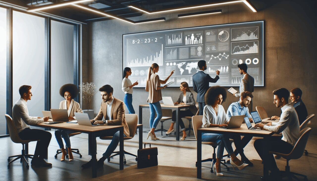 Jóvenes emprendedores colaborando en un espacio de coworking moderno, laptops y pizarras con gráficos digitales.