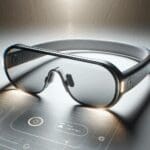 Primer plano de unas gafas inteligentes futuristas sobre una superficie neutra, ambiente minimalista y tecnológico, sin logotipos ni texto.