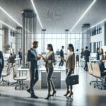 Oficinas modernas con equipos tecnológicos y personas conversando en un entorno corporativo