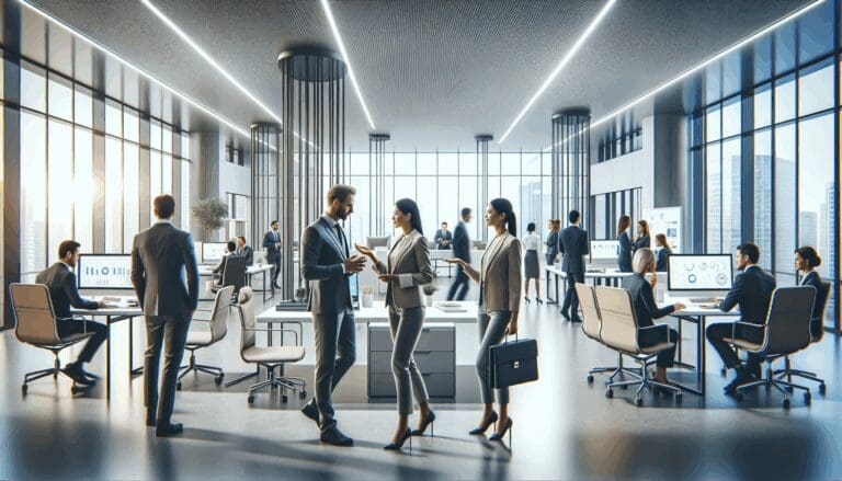Oficinas modernas con equipos tecnológicos y personas conversando en un entorno corporativo
