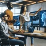 Equipo de desarrolladores colaborando en un entorno de oficina moderno con pantallas mostrando gráficos de inteligencia artificial.